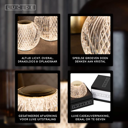 Lucide CINTRA - Oplaadbare Tafellamp - Accu/Batterij - Ø 11 cm - LED 3 StepDim - 1x2W 2700K - Transparant - USP